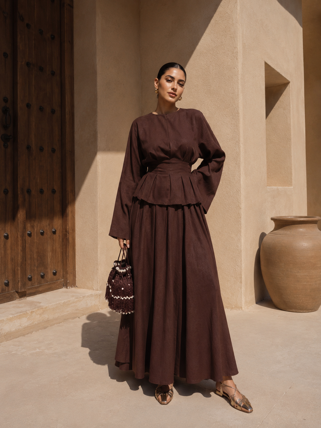 Rose Linen Maxi Skirt & Top Co-ord Set - Dark Chocolate | Modest Two-Piece Outfit