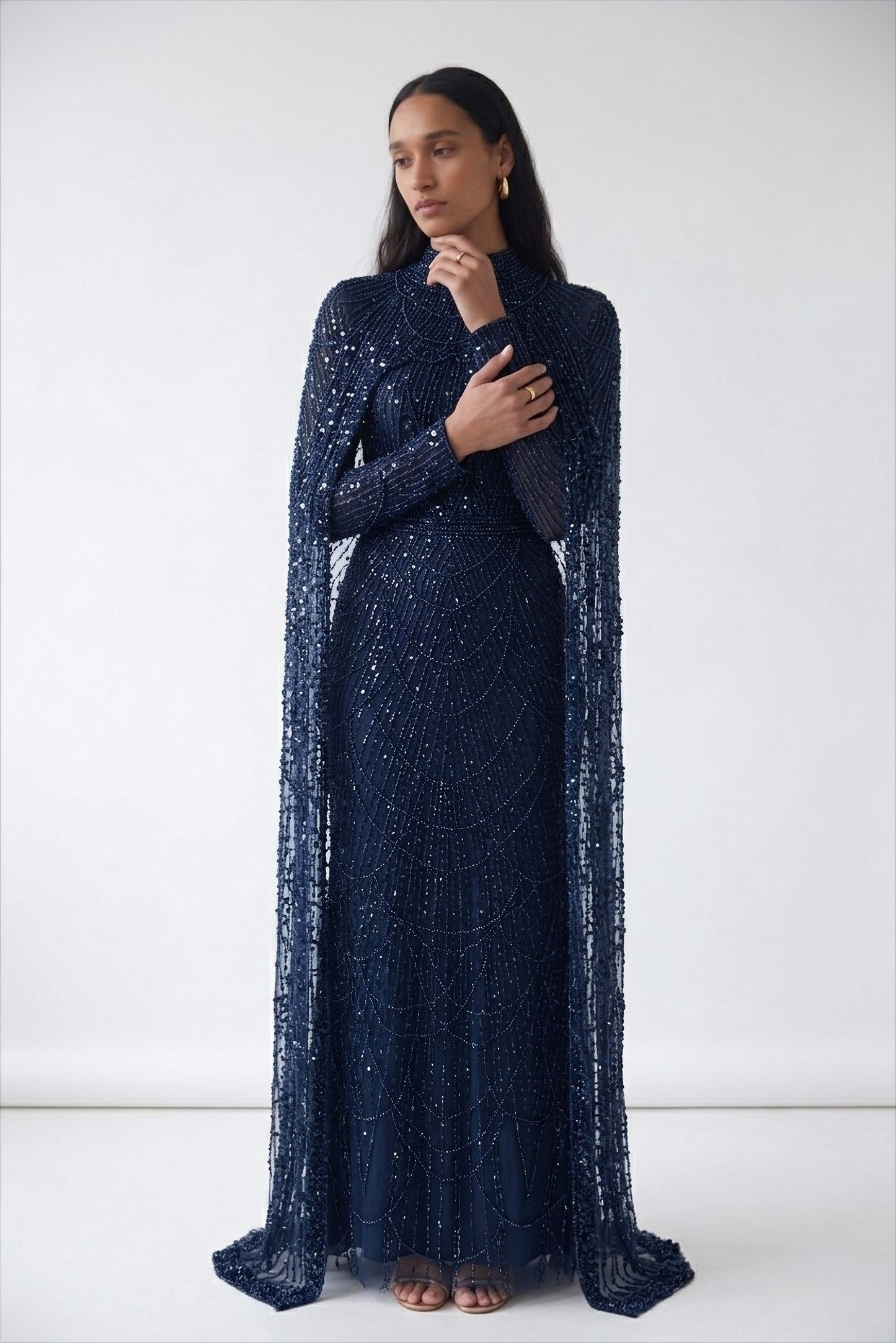 Beaded Navy Blue Modest Evening Gown