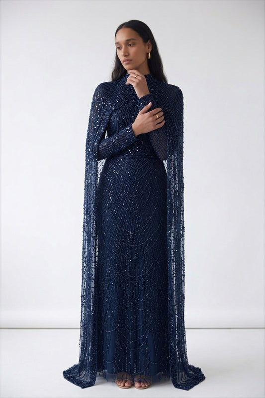 Beaded Navy Blue Modest Evening Gown