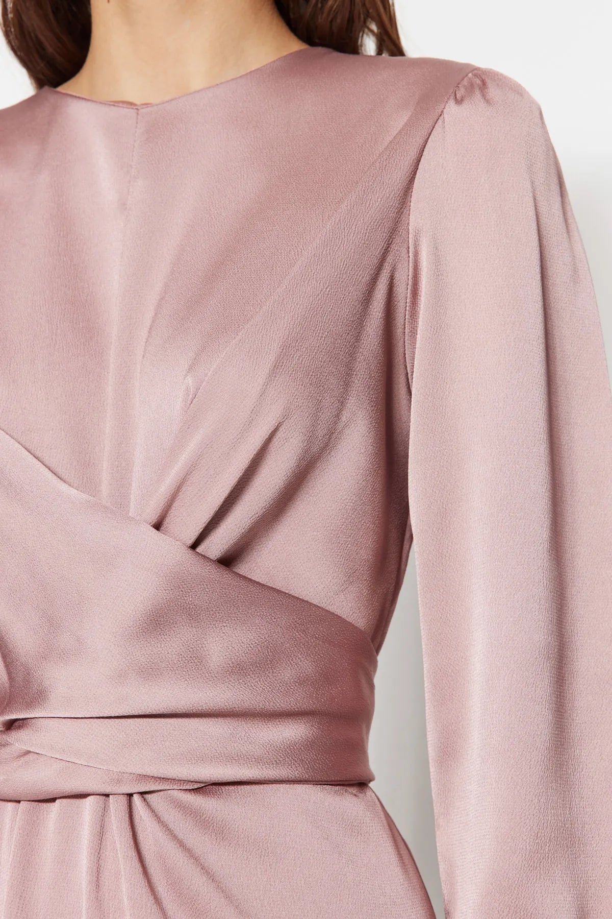 Cross Wrap Detail Pink Satin Evening Dress