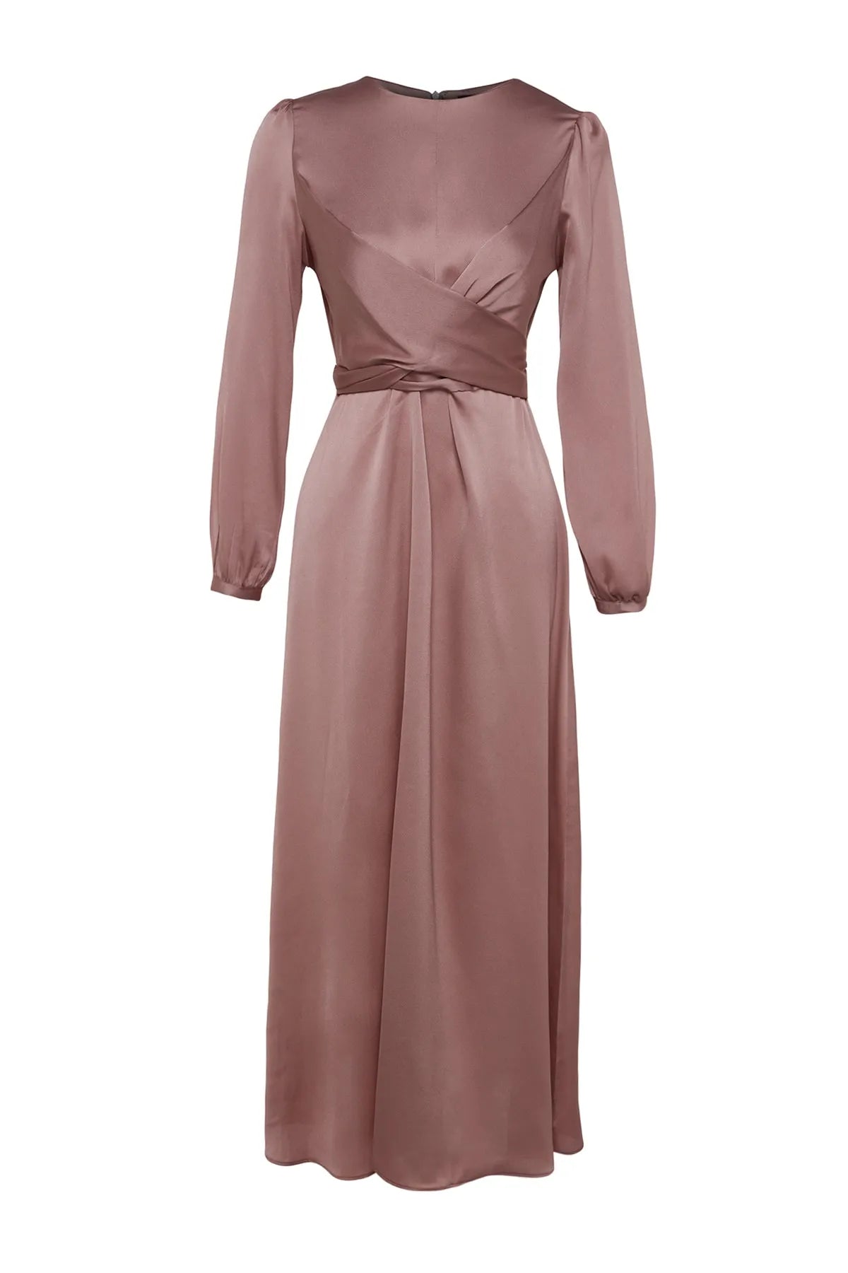Cross Wrap Detail Pink Satin Evening Dress