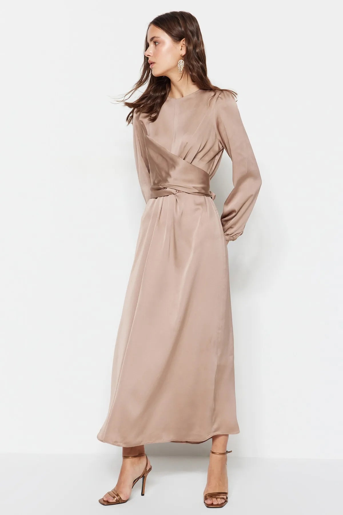 Cross Wrap Detail Pink Satin Evening Dress