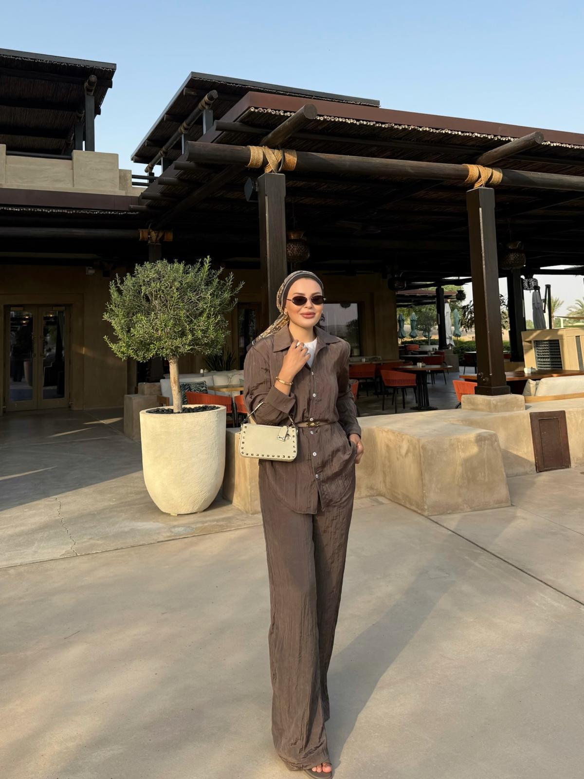 Crushed Shirt and Pant Matching Sets in Brown