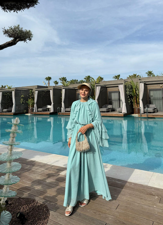 Farah Mint Green Chiffon Dress with Ruffle Details