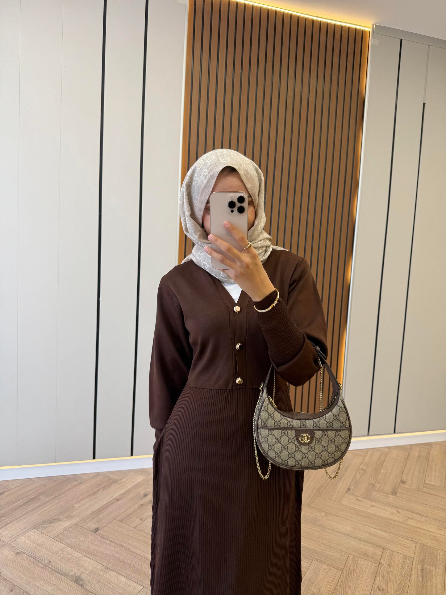 Gold-Button Knit Dress – Brown
