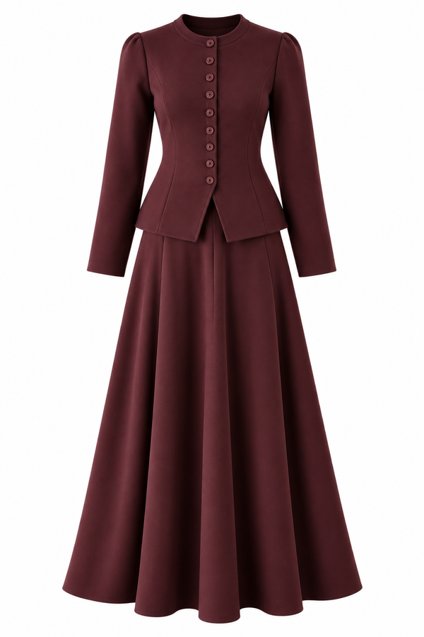 Elvera Steel-Knit Buttoned Skirt Set - Burgundy