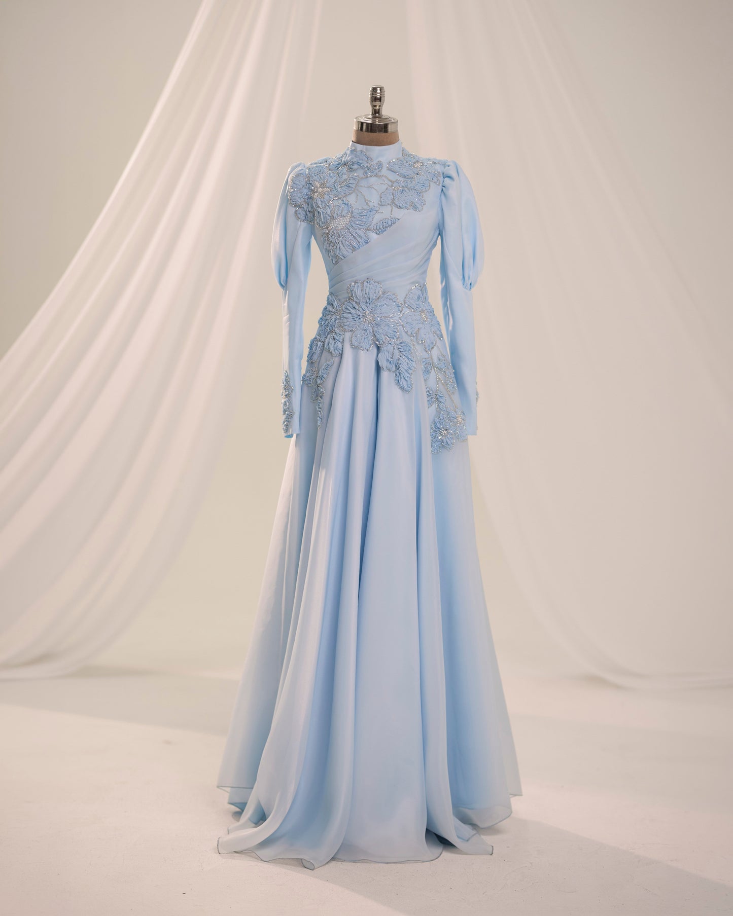 Floral Embellished Modest Evening Dress - Baby Blue