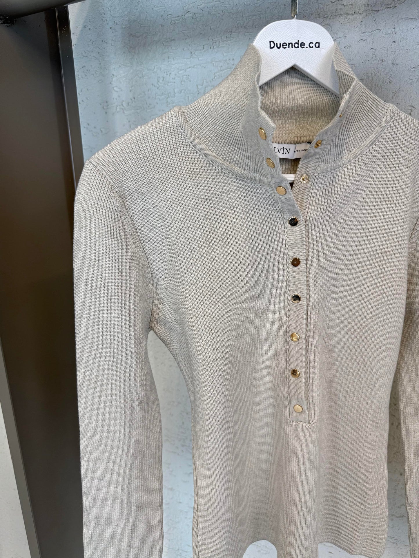 High-Neck Snap-Button Knit Sweater – Beige