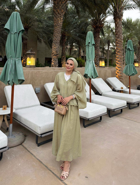 Sage Green Stone-Embellished 2-Piece Blouse and Skirt Set
