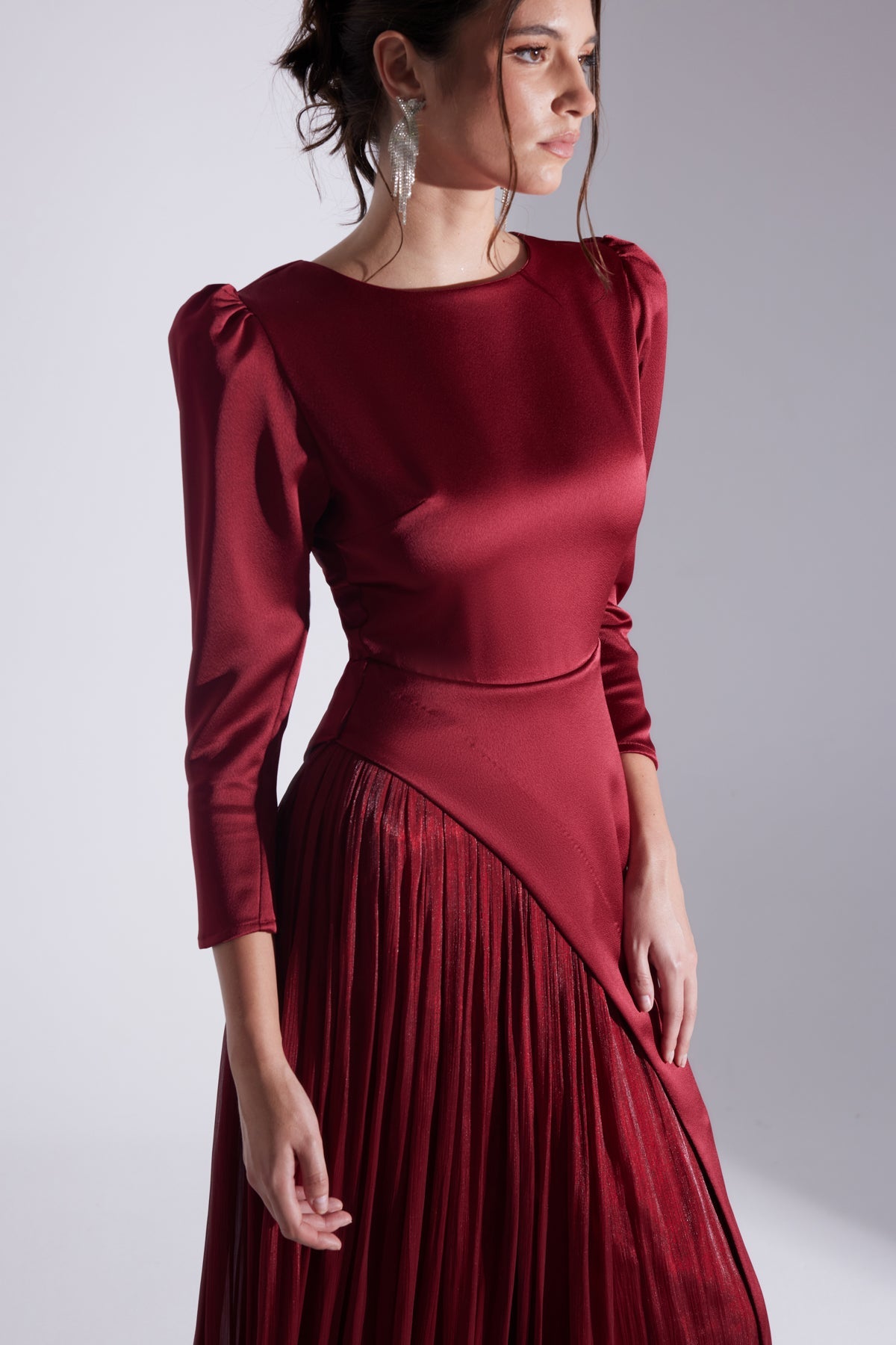Burgundy Asymmetric Detailed Chiffon Skirt Wedding Dress