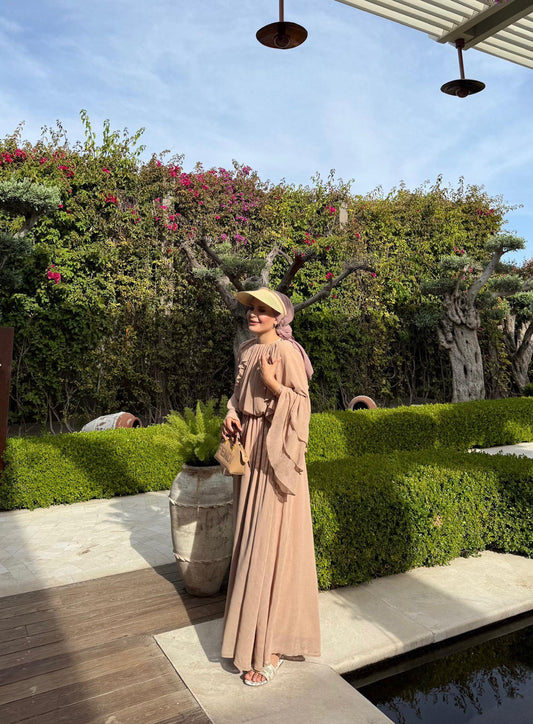 Farah Beige Chiffon Dress with Ruffle Details