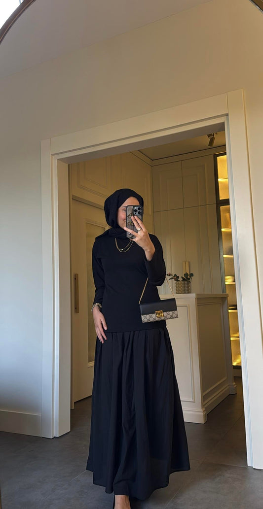 Fitted Bodice Black Poplin Dress