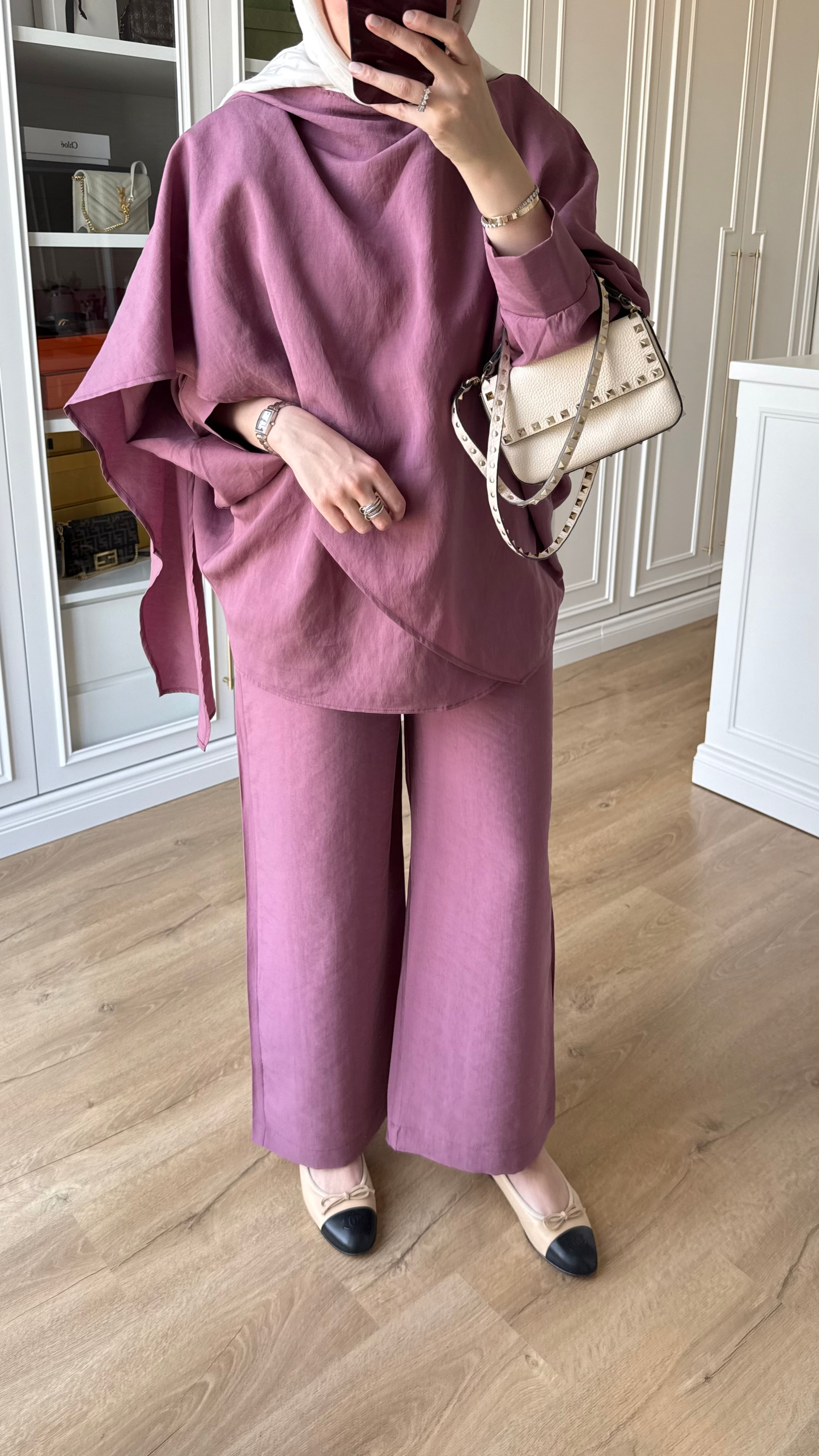 Oversized Tencel Set with Shawl Detail – Plum
