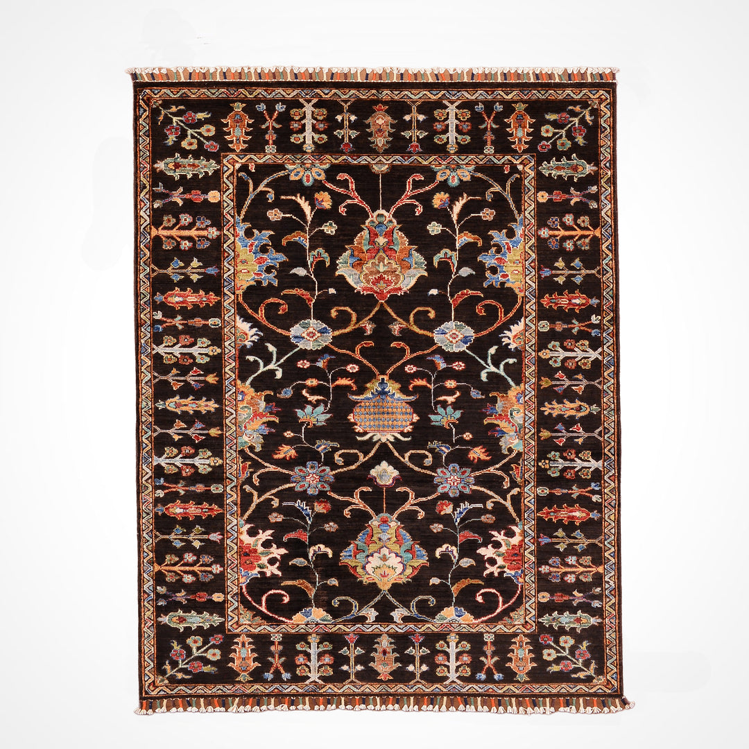 SULTANİ ÇİÇEKLİ ORJİNAL EL DOKUMASI SİYAH KÖK BOYA YÜN HALI 126X177 2.23 METREKARE - 3X5 FT