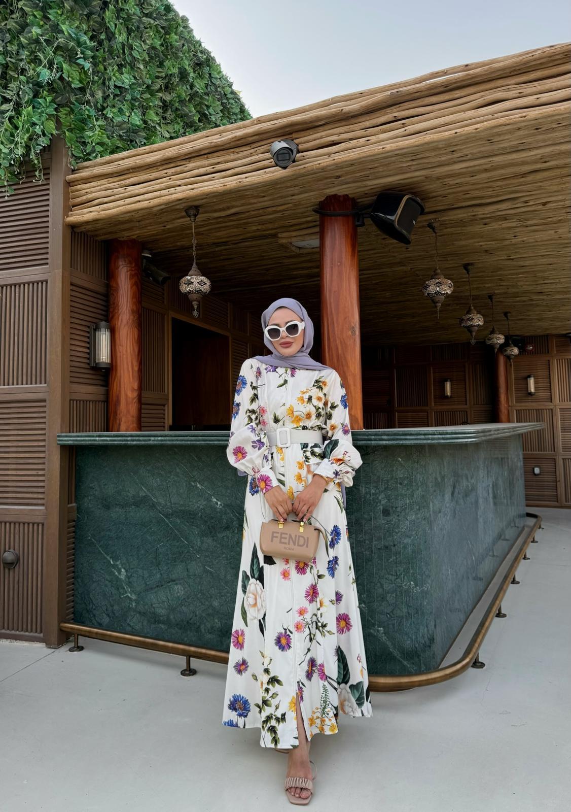 Floral White Belted Dress