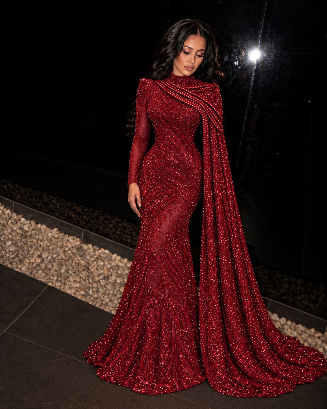 Mona Rosa Plus Size Pearl-Embellished Lace Evening Dress - Burgundy