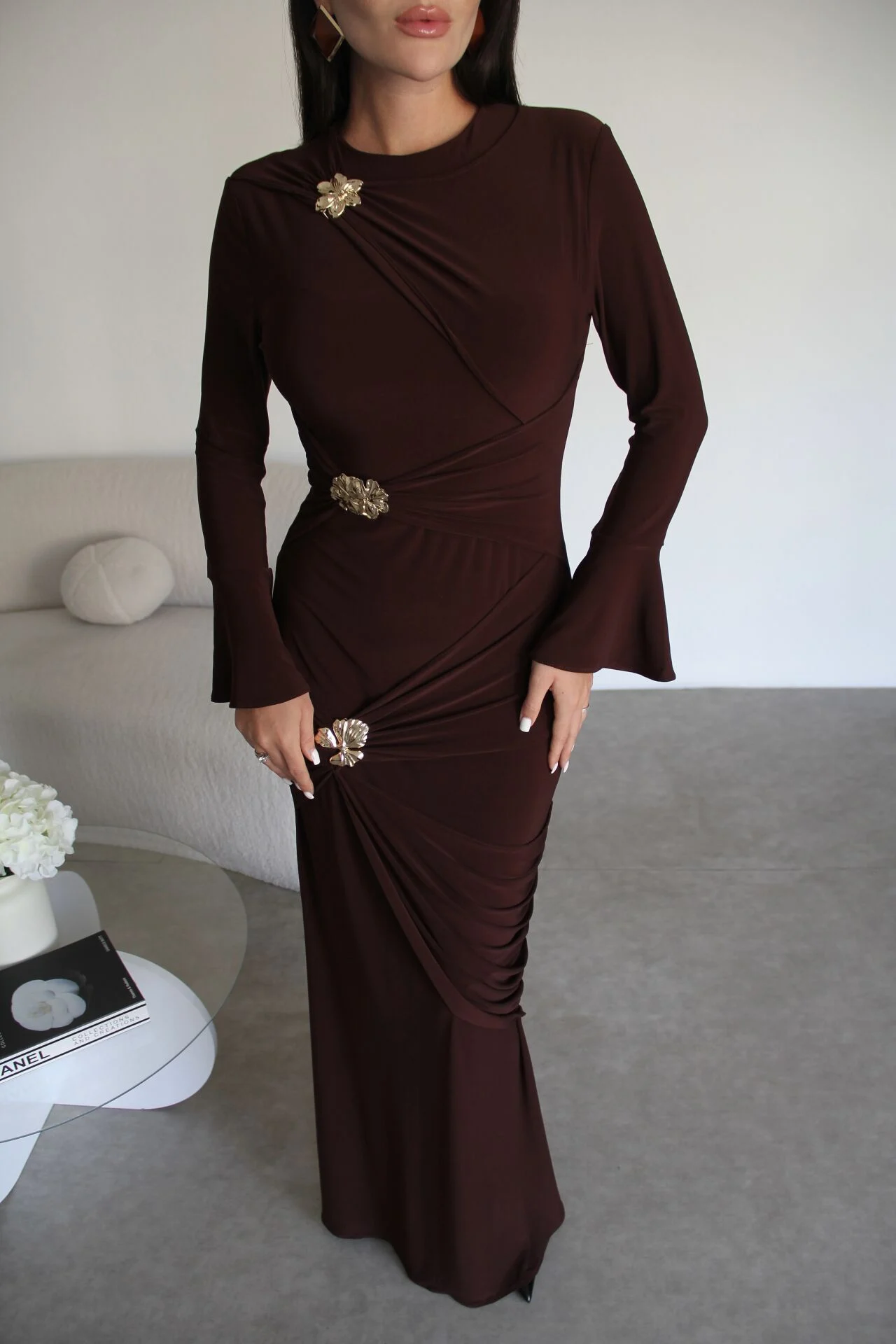 Premium Coffee Maxi Dress | Gold Brooch Detail & Gathered Waist Design