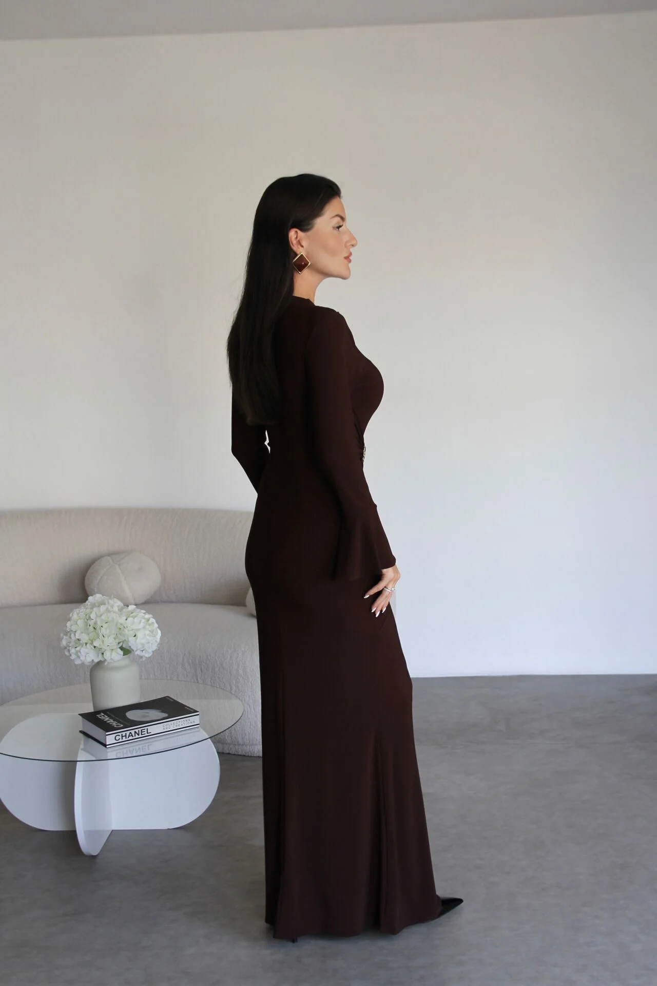 Premium Coffee Maxi Dress | Gold Brooch Detail & Gathered Waist Design