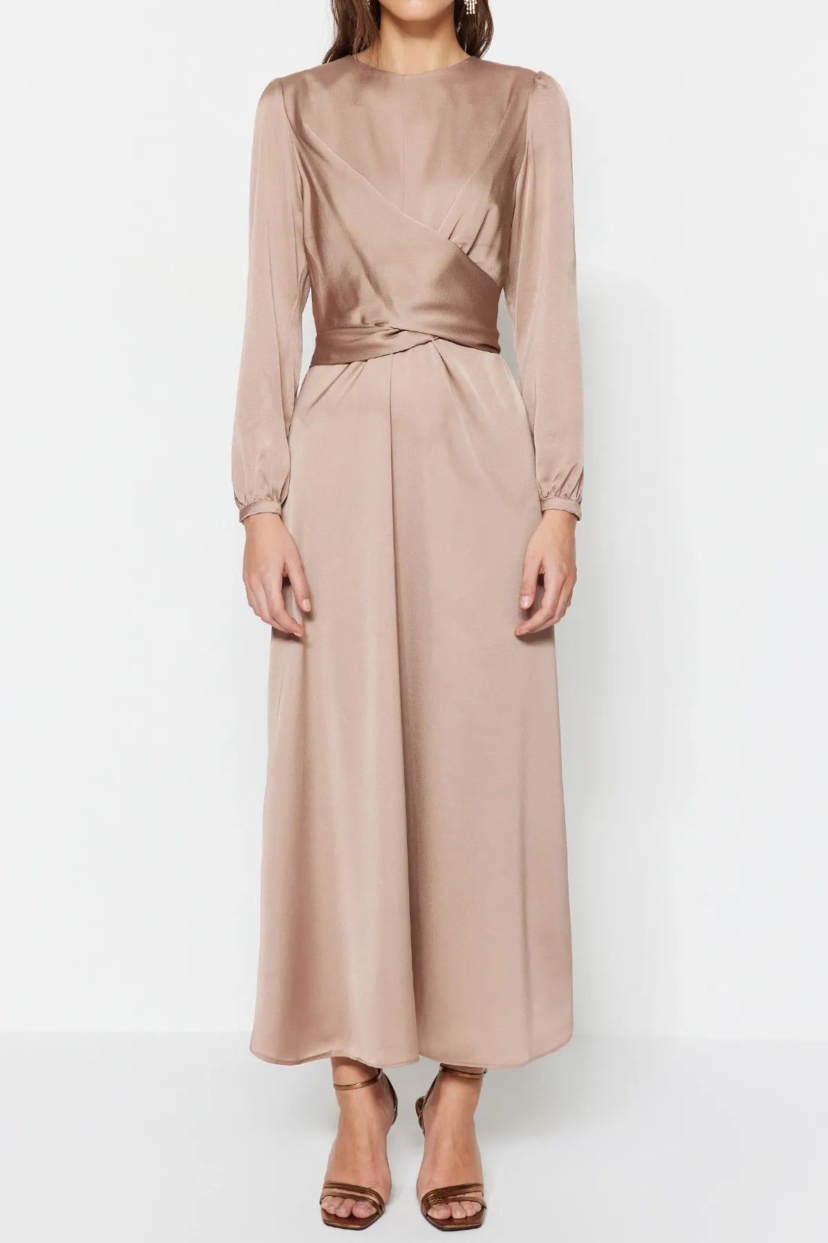 Cross Wrap Detail Beige Satin Evening Dress
