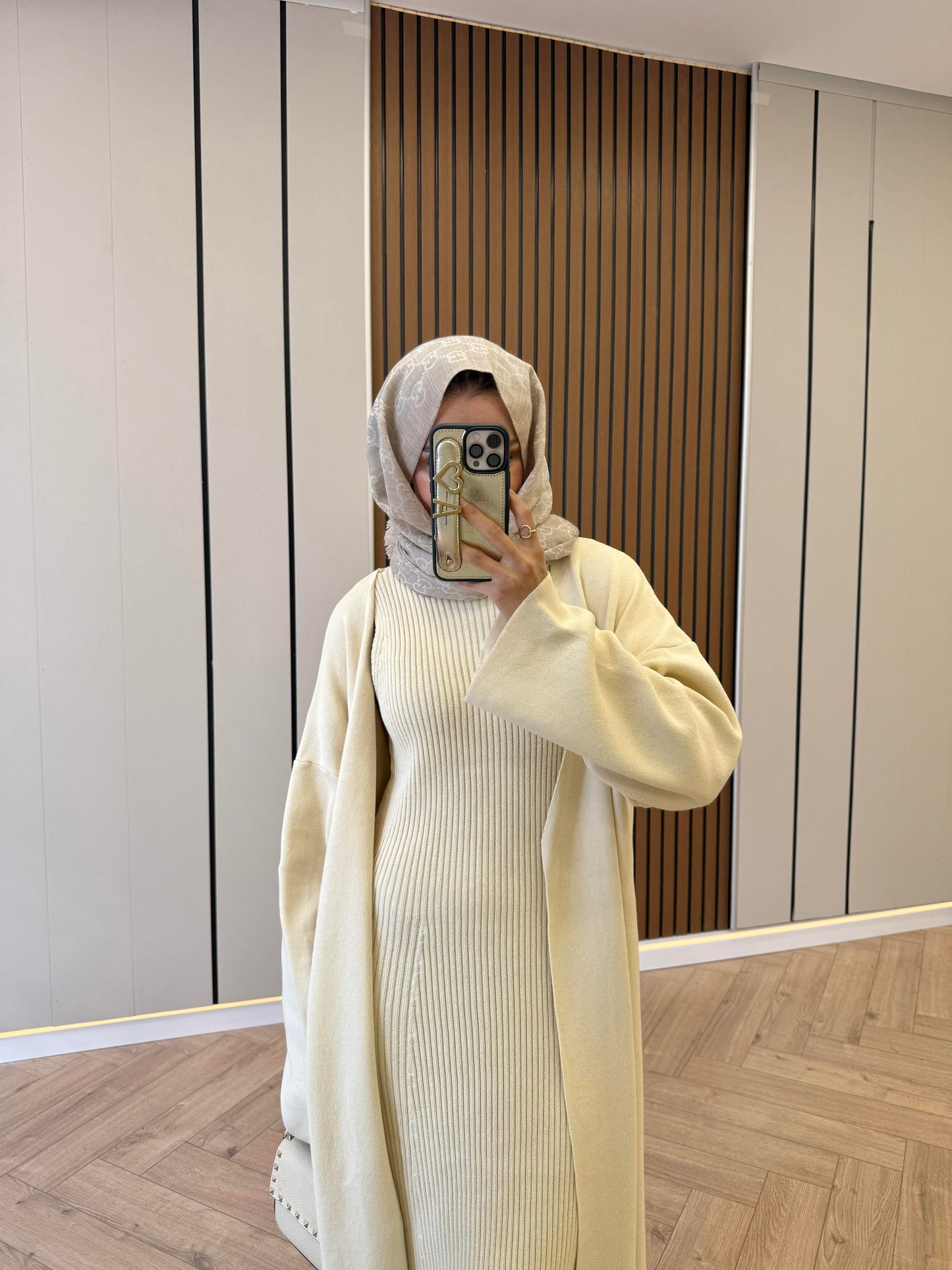 Ecru Knit Kimono Set with Inner Dress