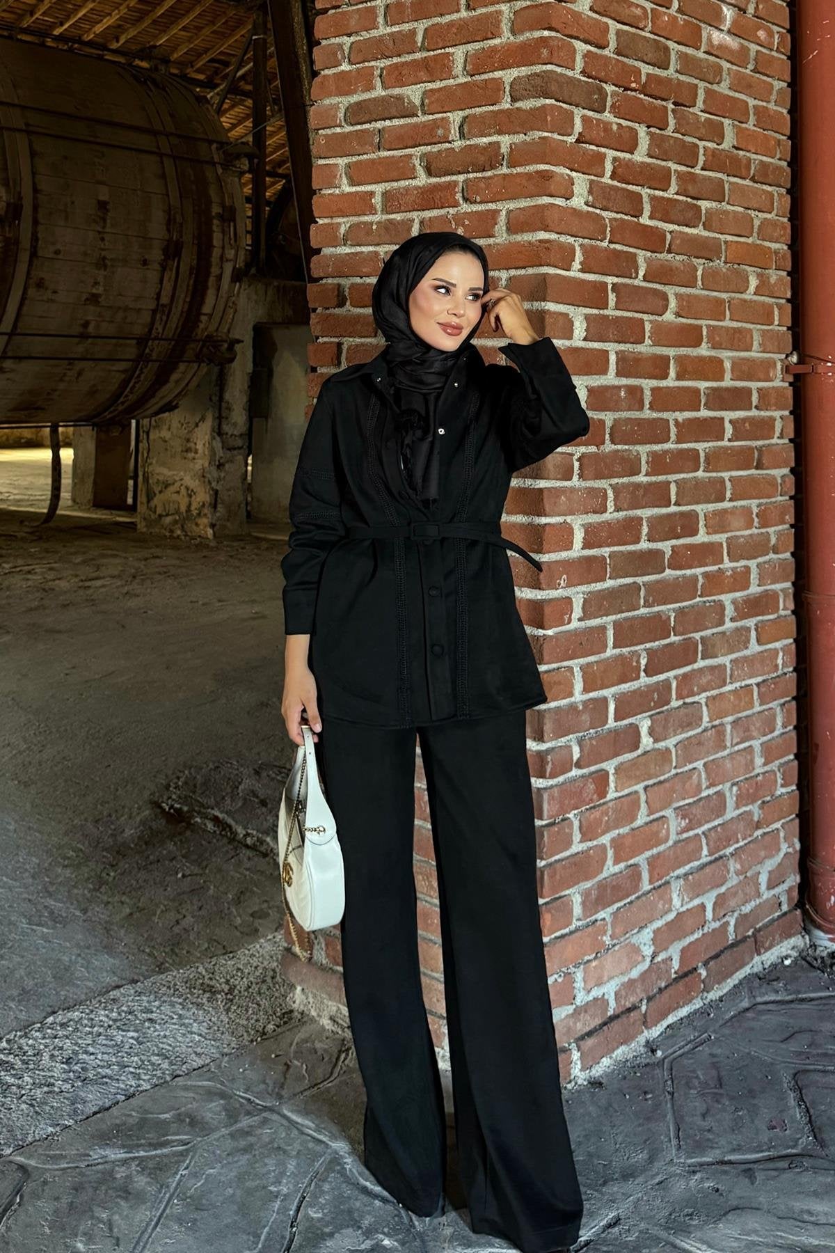 Black Suede Pants Set with Lace Details and Belt