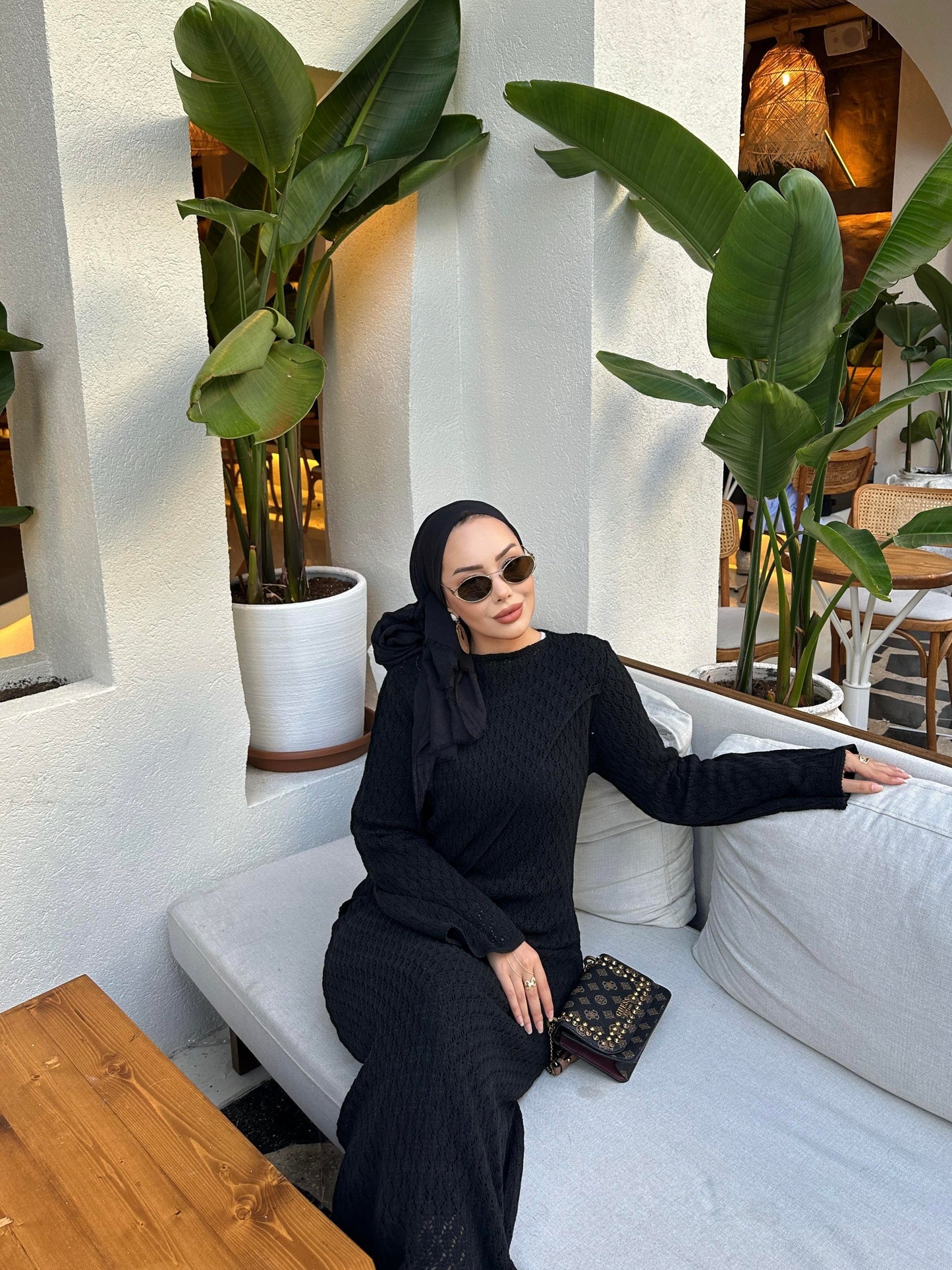 Black Lined Openwork Knit Dress