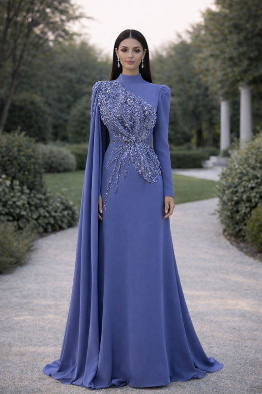 Latifa Beaded Crepe Modest Evening Gown - lilac