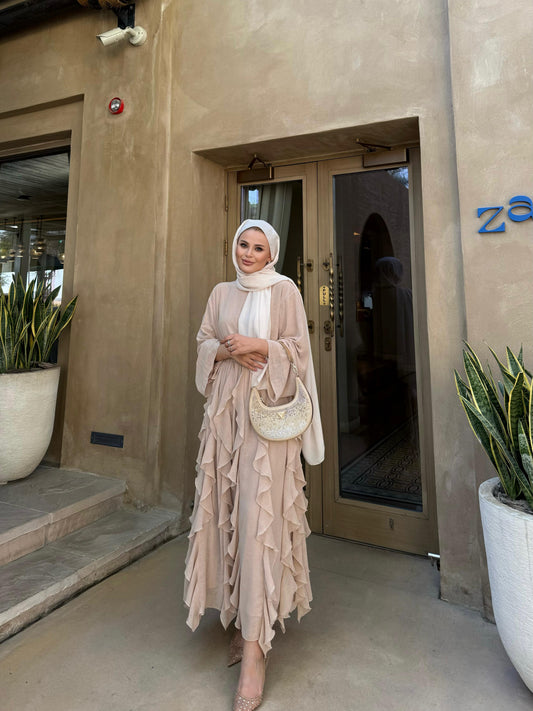 Beige Ruffle-Detail Chiffon Blouse and Skirt Set -PRE ORDER