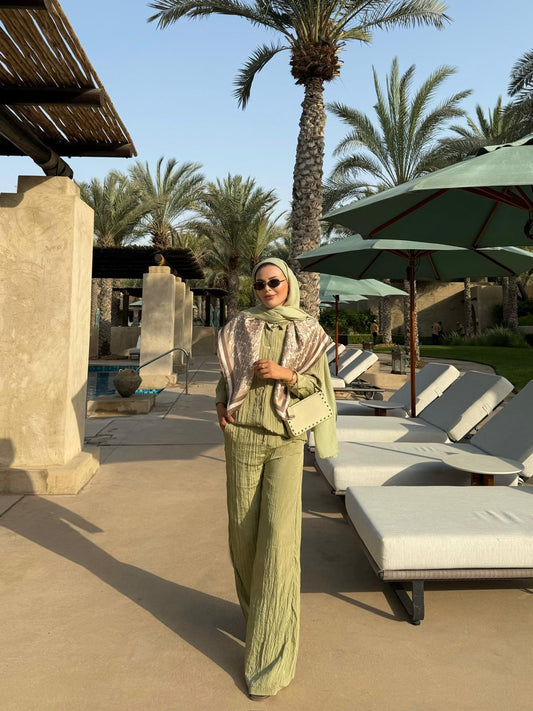 Crushed Shirt and Pant Matching Sets in Sage Green