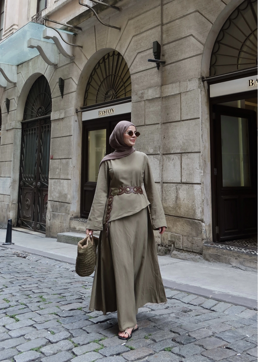 Khaki Asymmetric Linen Co-Ord Set