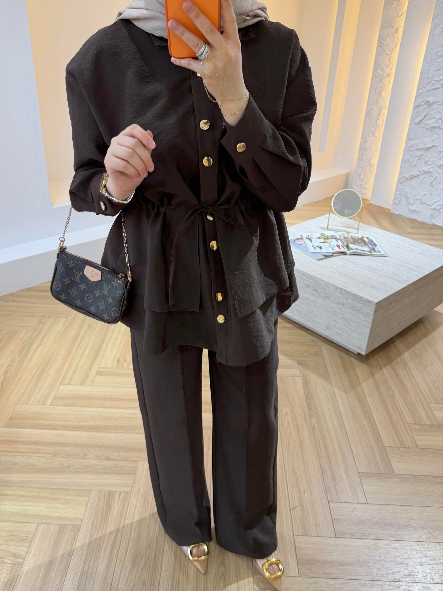 Gold Button Co-ord Cupro Set – Drawstring Jacket & Wide Leg Trousers - Brown