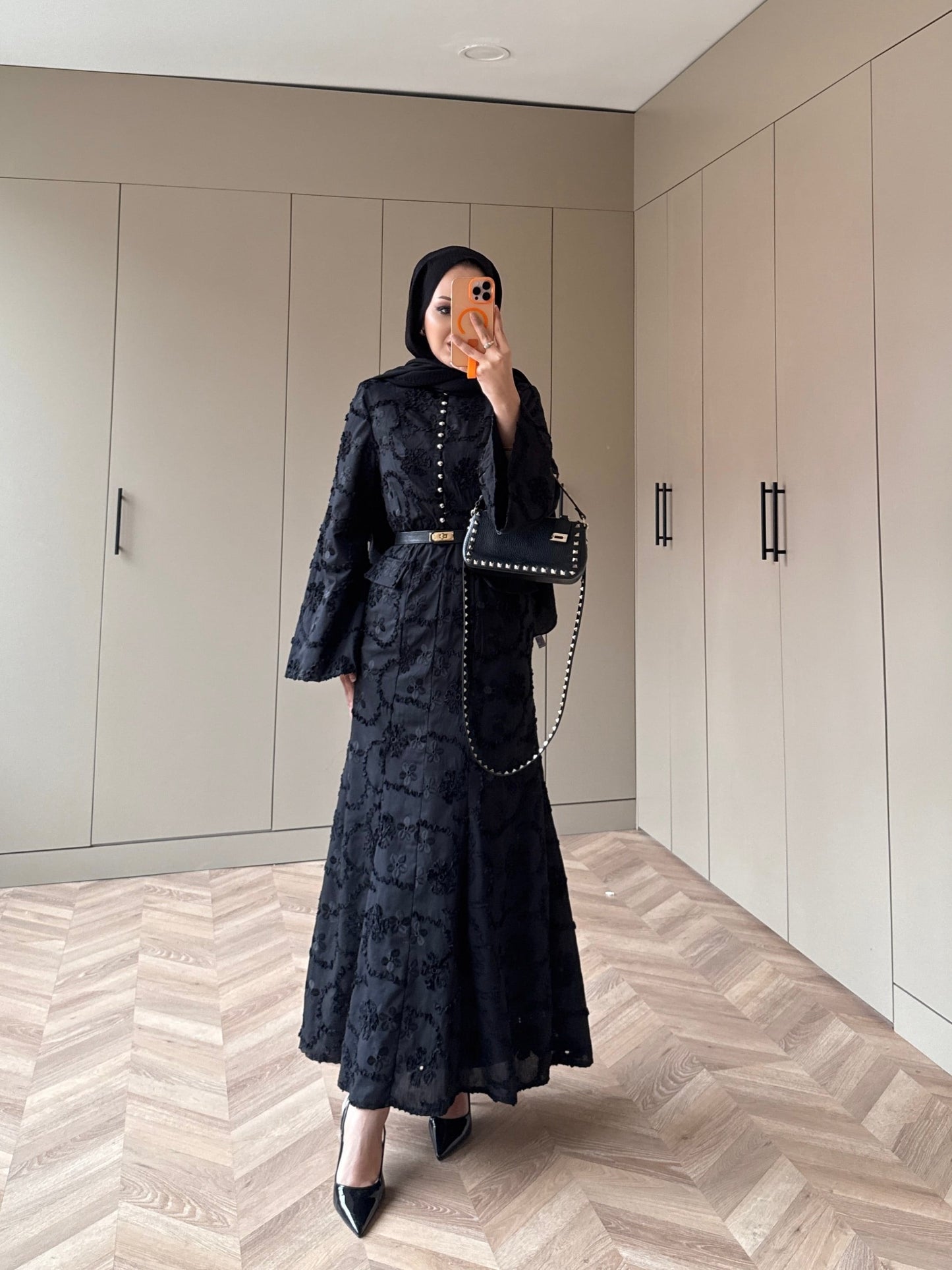 Black Guipure Lace Maxi Dress with Button Detail — Modest Formal Evening Wear