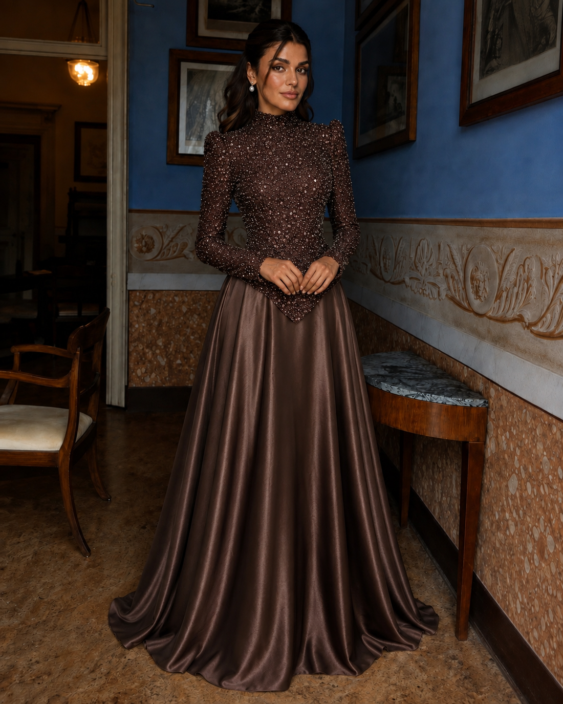 Raya Beaded Evening Dress - Chocolate