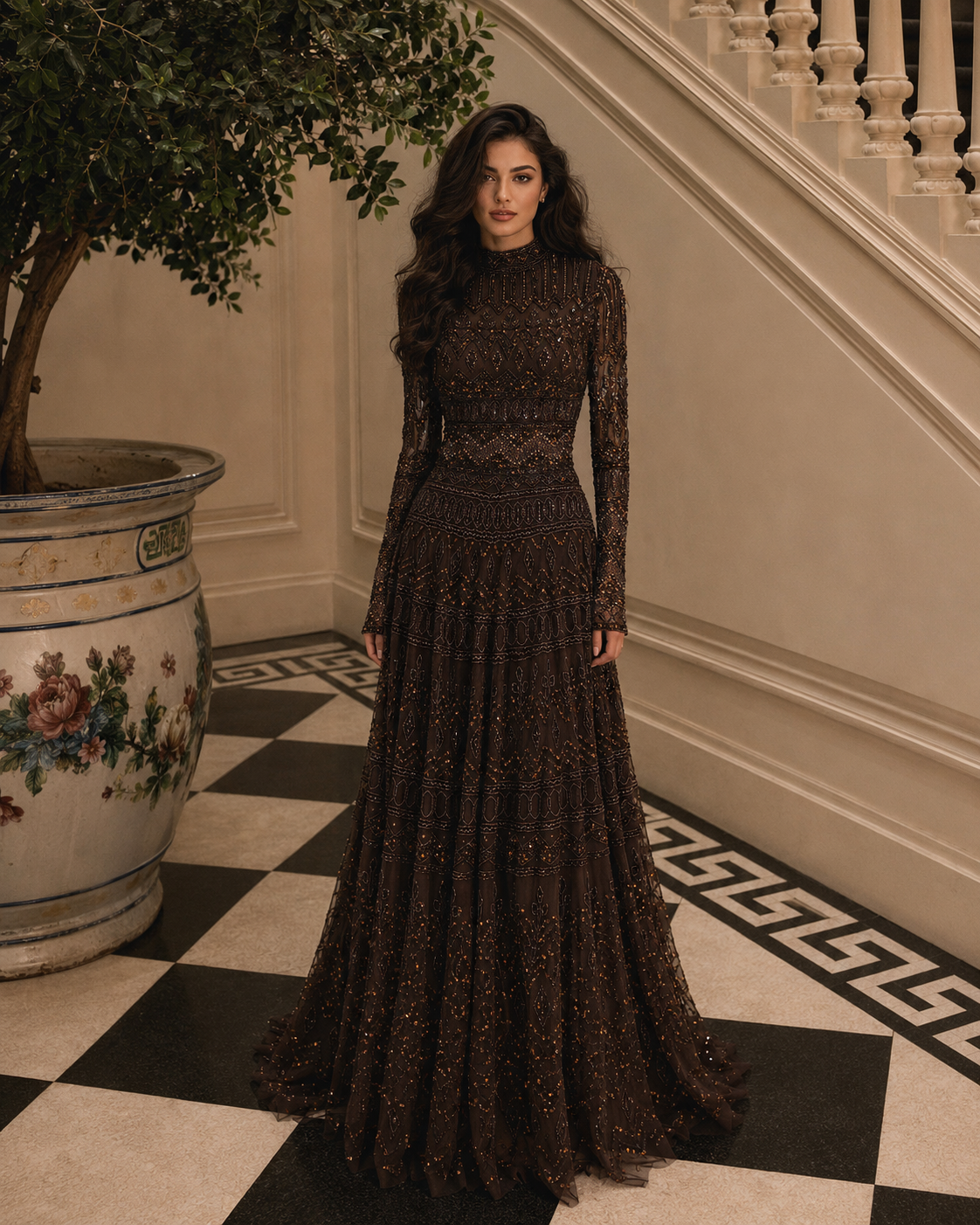 Couture Rania Full Embroidered Modest Evening Dress - Brown
