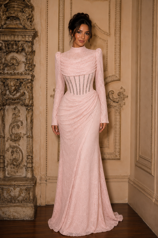 Rosalia Corset-Detail Lace Evening Gown | Pink