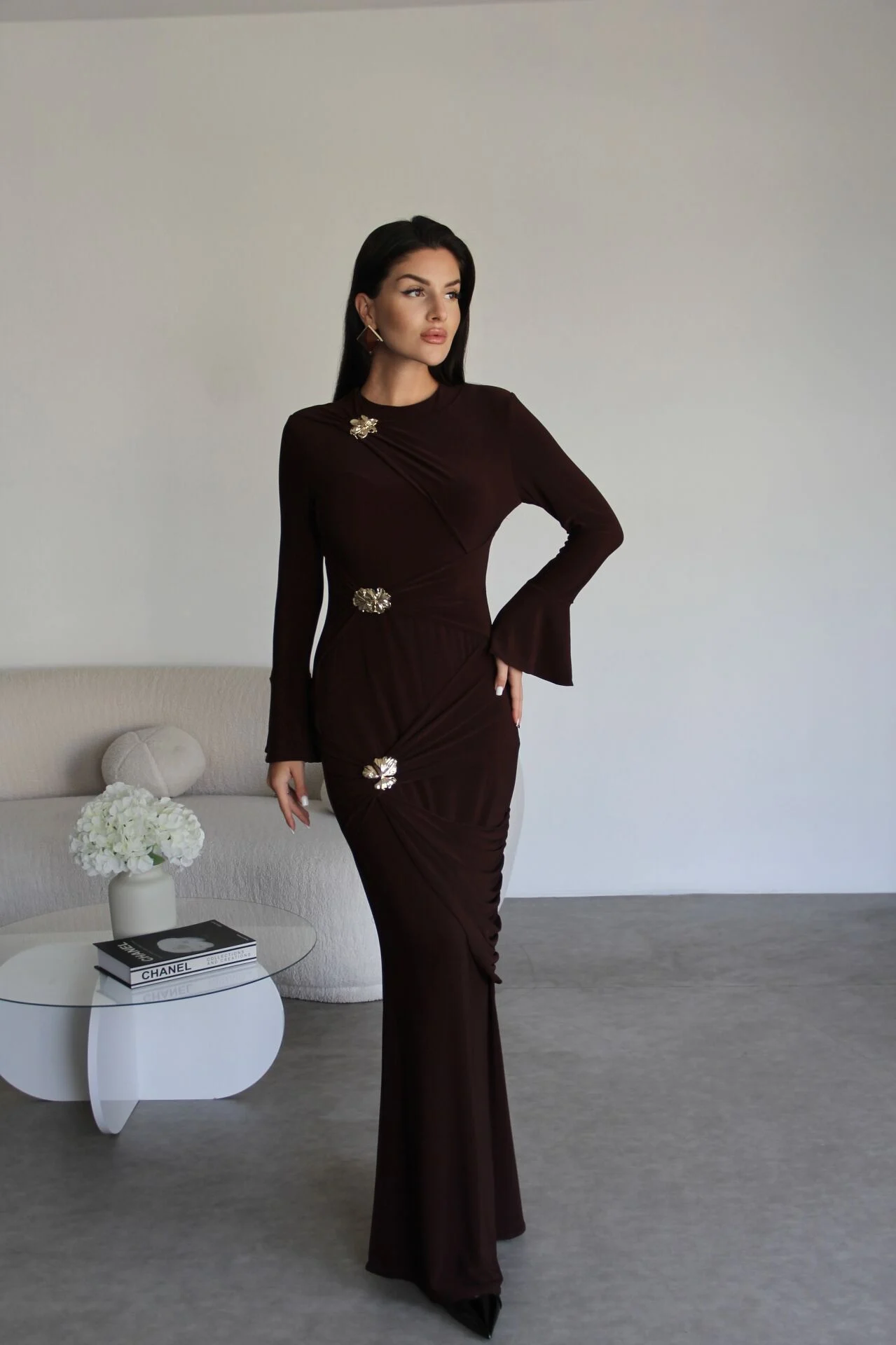 Premium Coffee Maxi Dress | Gold Brooch Detail & Gathered Waist Design