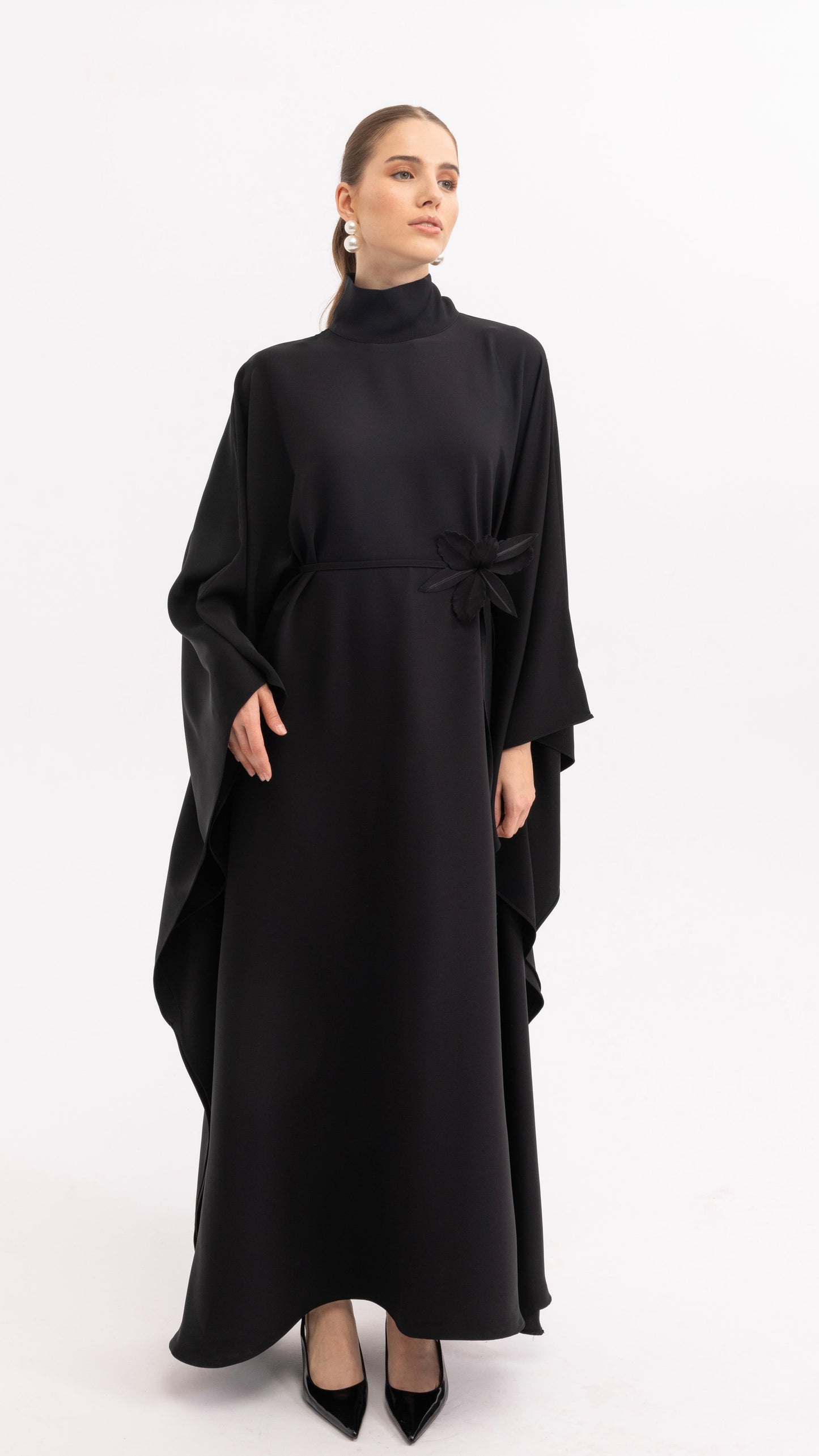 Limited Edition Black Handmade Kaftan Dress with Floral Details