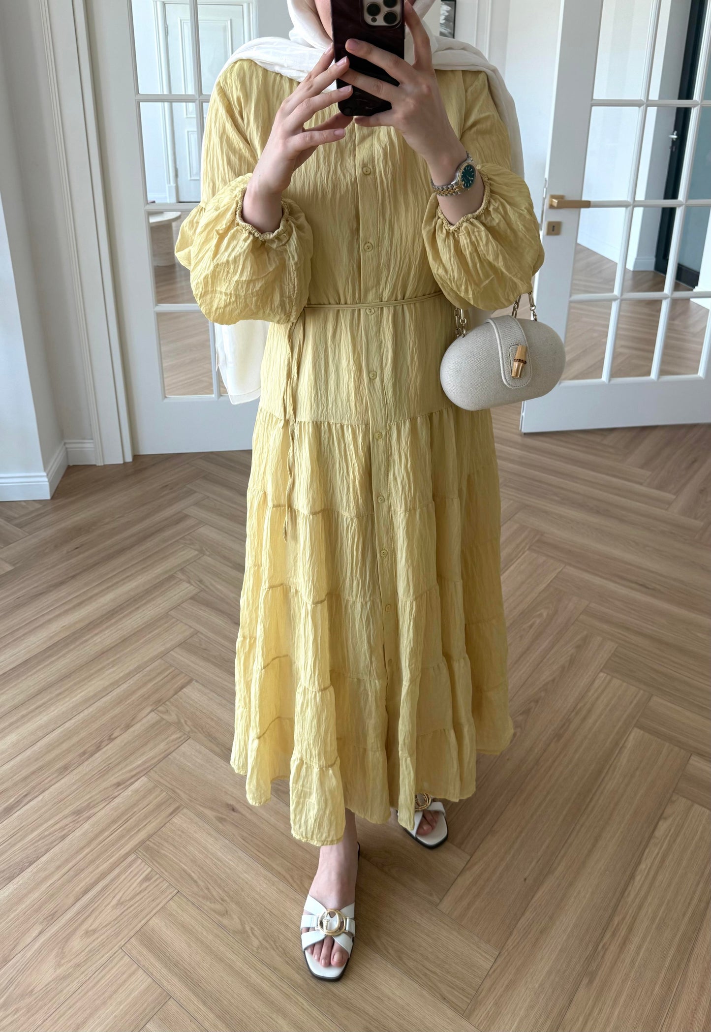Crushed butter yellow maxi dress