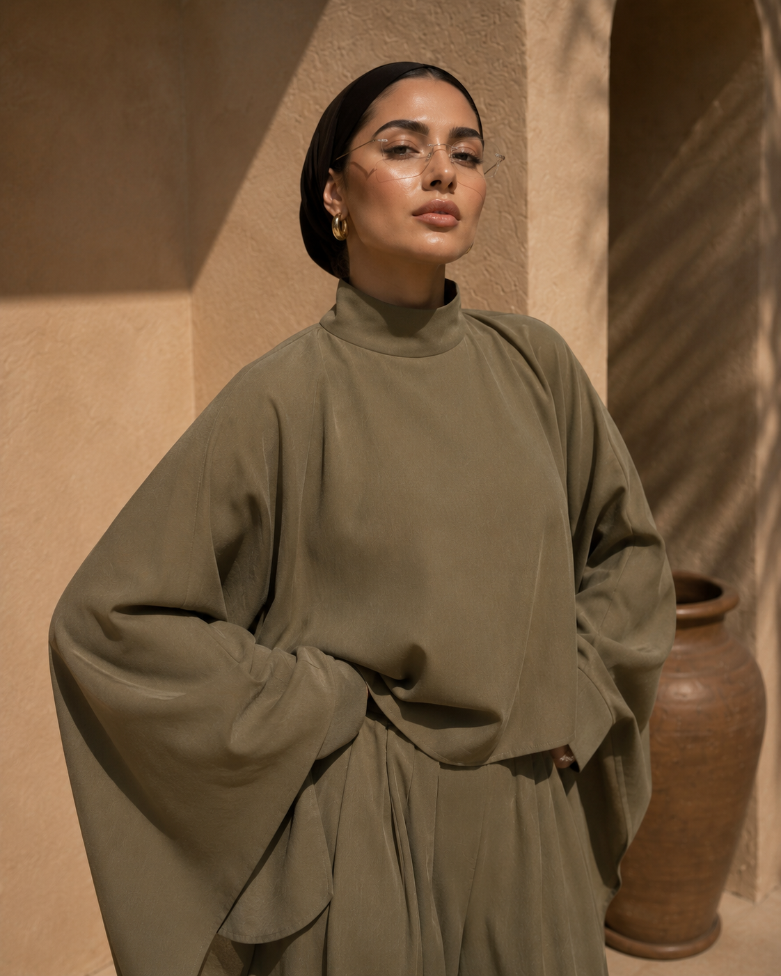 Olive Batwing Sleeve Tensel Co-ord Set | Modest Two-Piece Outfit
