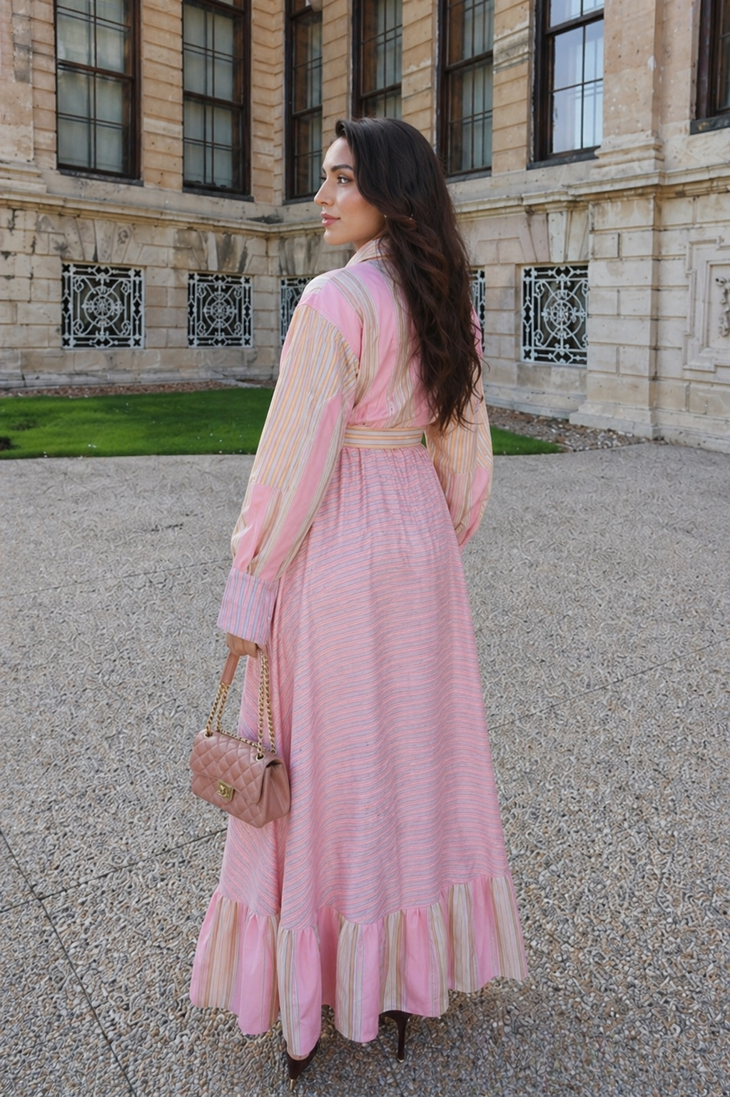 Pink Pastel Stripe Wrap Dress with Balloon Sleeves and Waist Tie