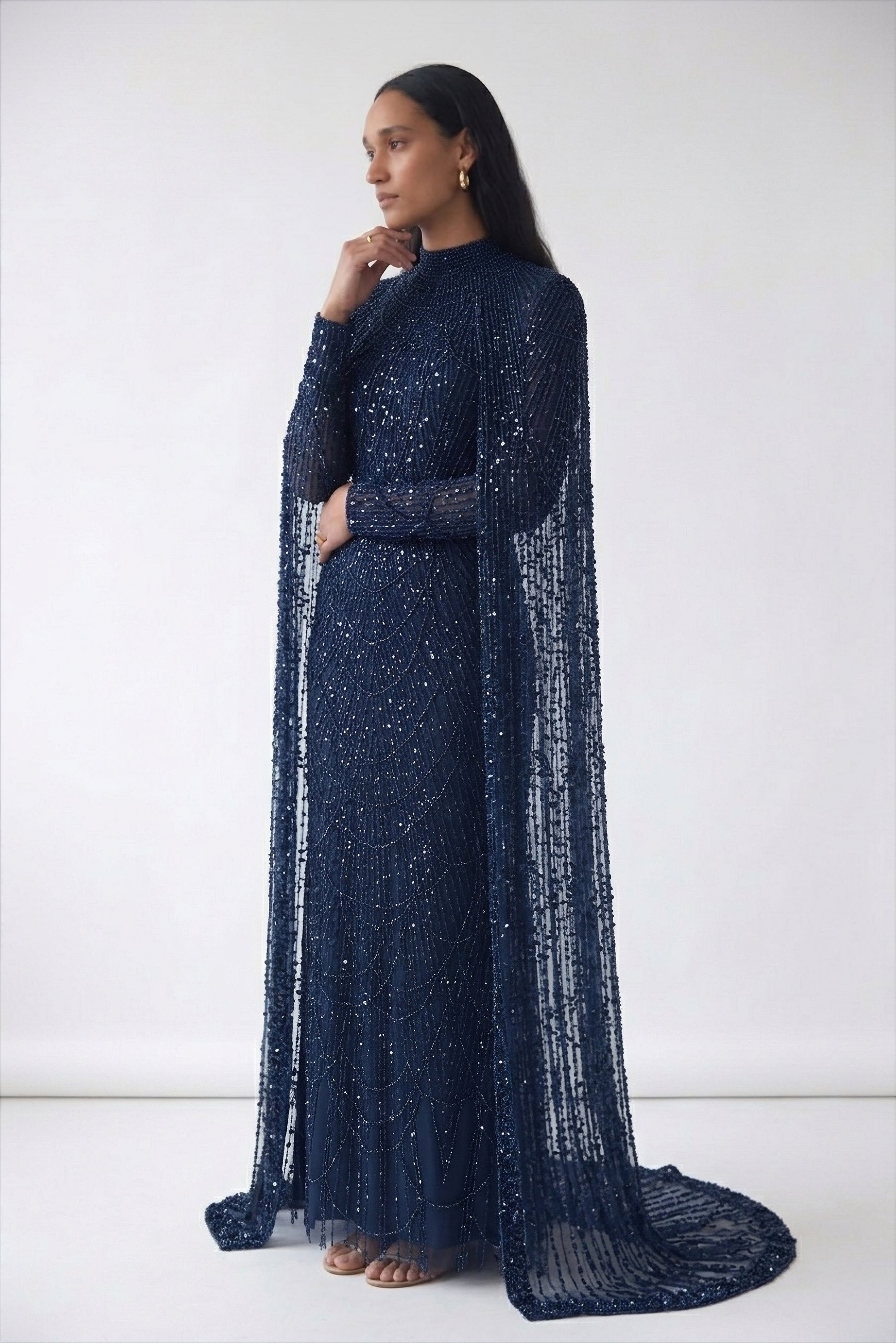 Beaded Navy Blue Modest Evening Gown 40