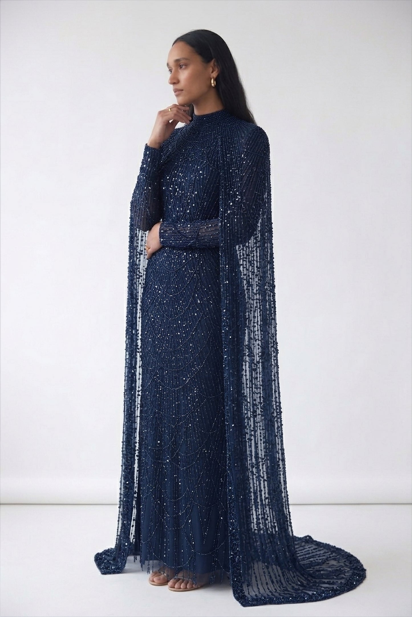 Beaded Navy Blue Modest Evening Gown