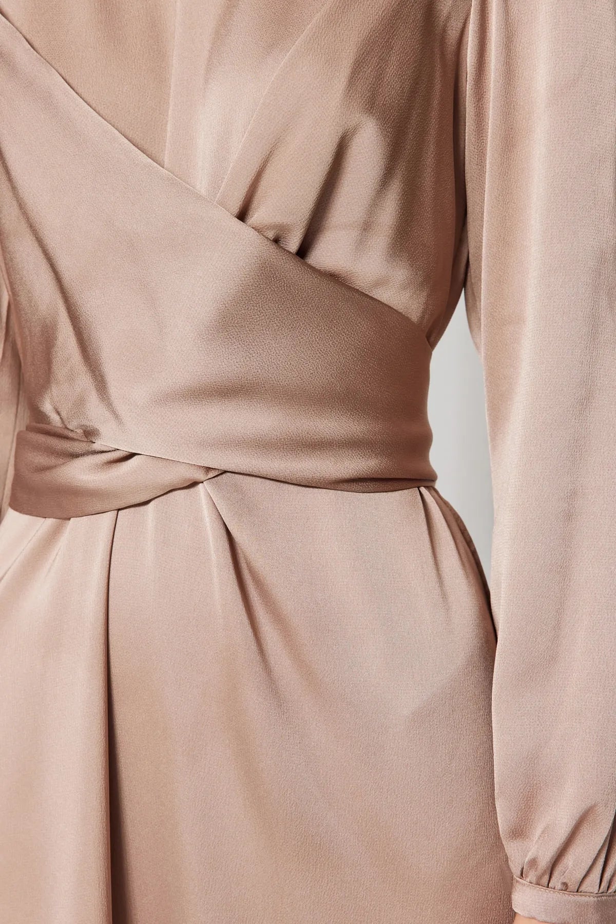 Cross Wrap Detail Beige Satin Evening Dress