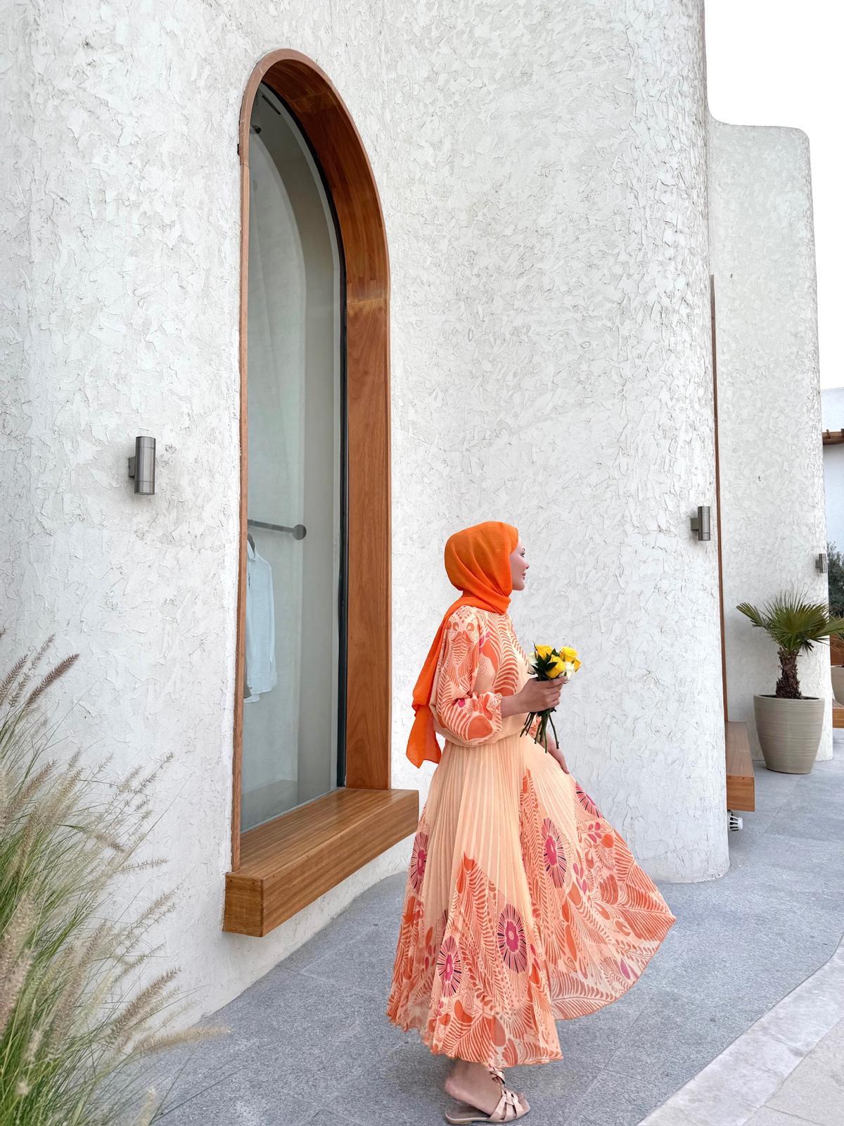 Orange Chiffon Printed Pleated Skirt & Blouse Set