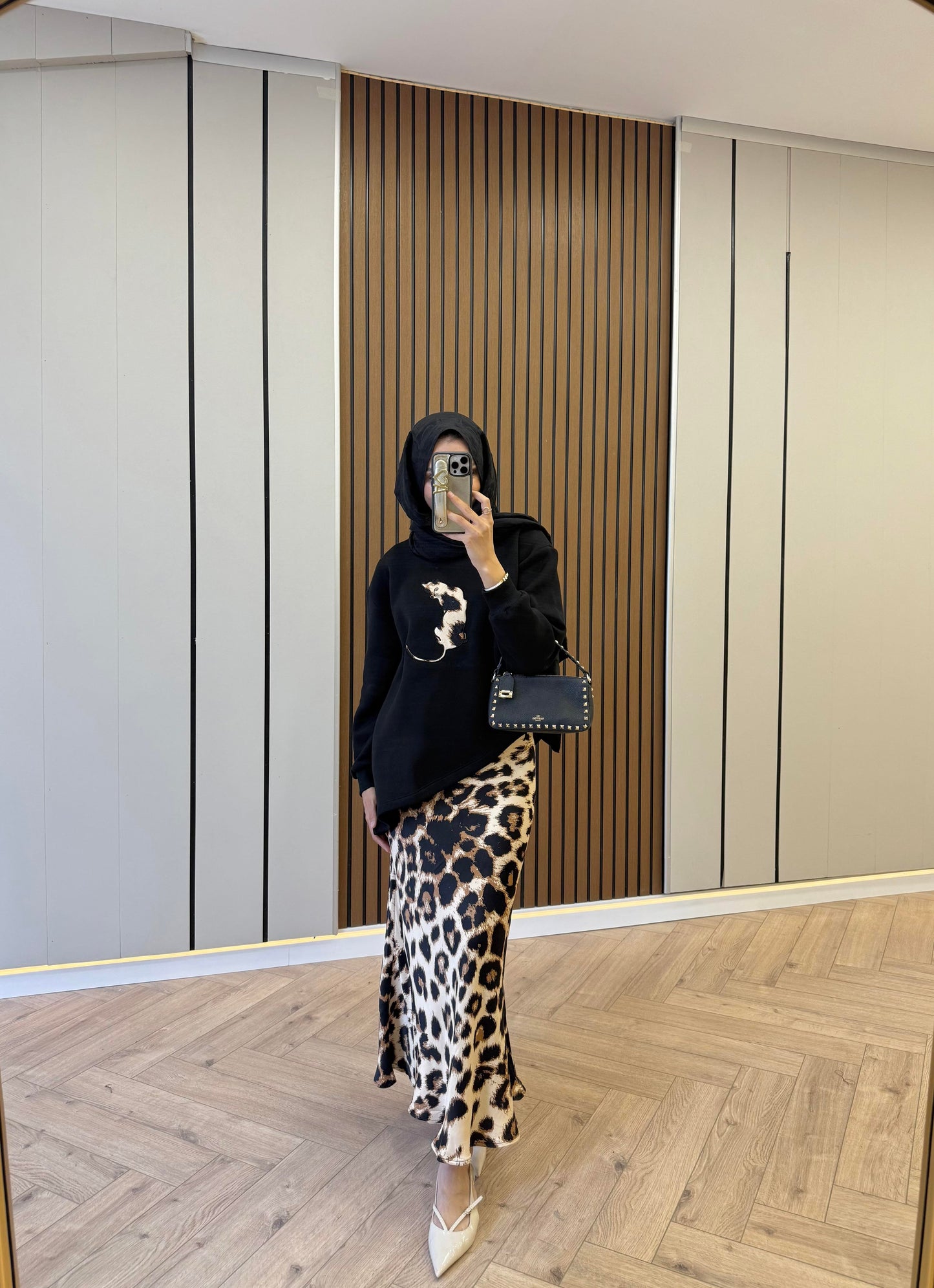 Satin Skirt Leopard Print Set – Black