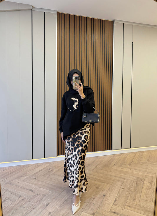 Satin Skirt Leopard Print Set – Black