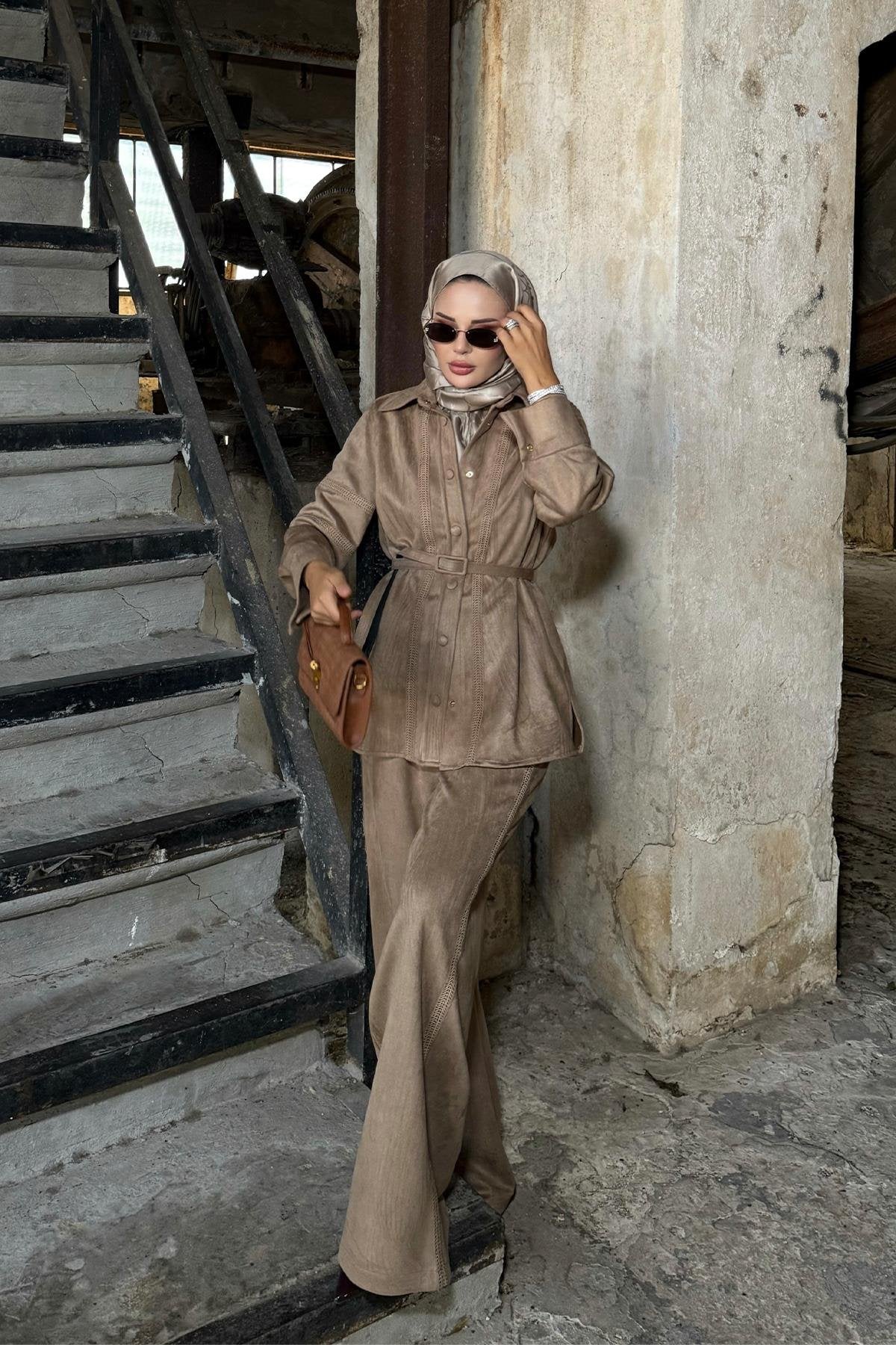 Camel Suede Pants Set with Lace Details and Belt
