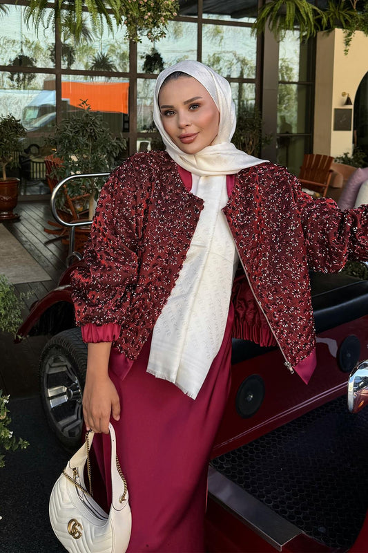 Burgundy Satin Jacket with Sequins