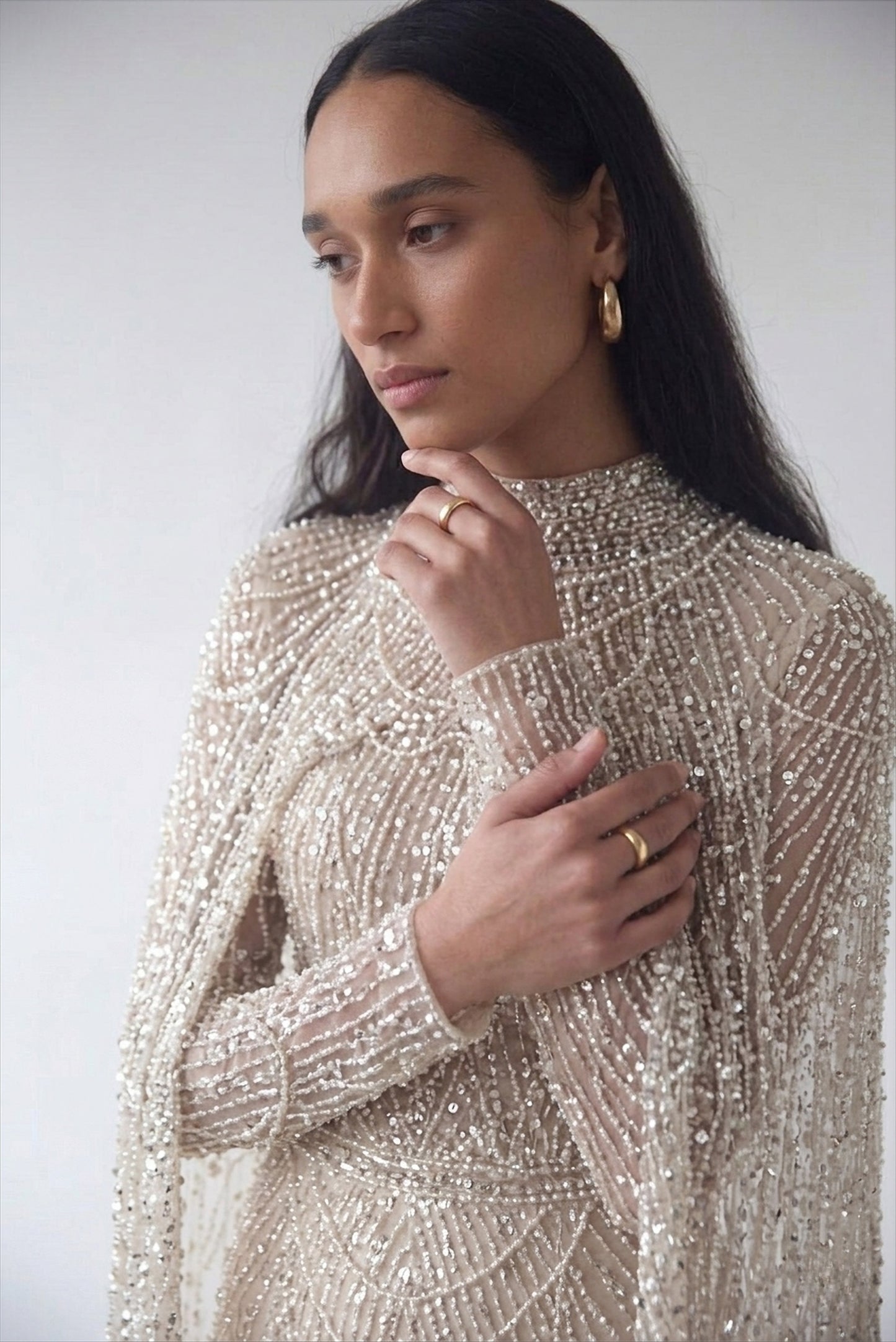 Beaded Cream Modest Evening Gown