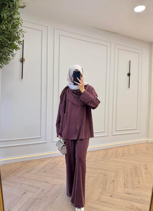 Burgundy Shawl Collar Tencel Co-Ords